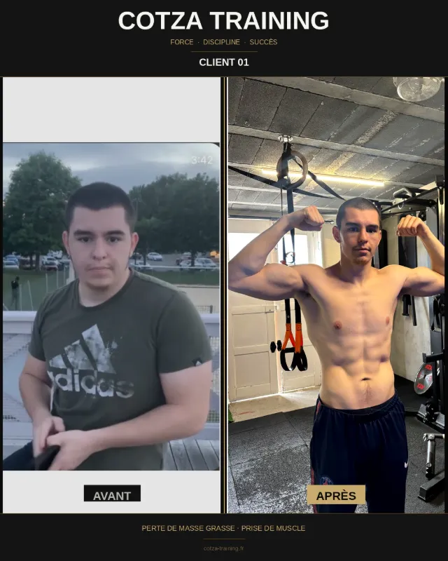 Comparaison avant/après d'un client de COTZA TRAINING montrant une perte de masse grasse et une prise de muscle.