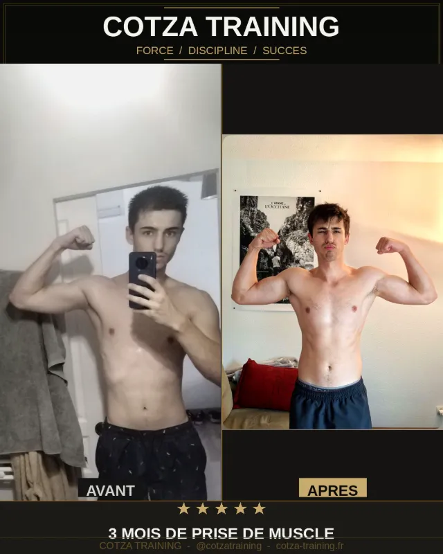 Comparaison avant/après de 3 mois de prise de muscle par Cotza Training, montrant des biceps fléchis.