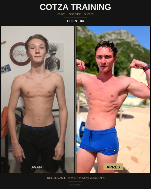 Comparaison avant/après d'un client de Cotza Training montrant un développement musculaire significatif après une prise de masse.