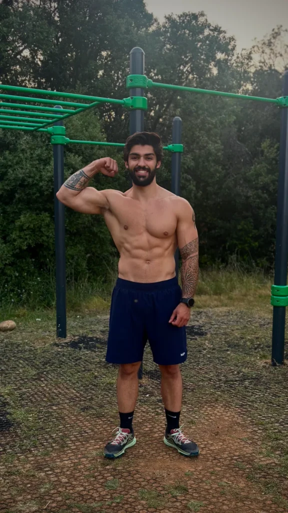 Un homme musclé sourit et fléchit son biceps devant une structure d'entraînement extérieure entourée d'arbres.