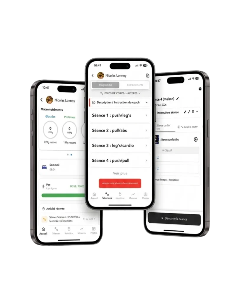 Capture d'écran d'une application mobile affichant le suivi d'un programme d'entraînement sportif personnalisé.